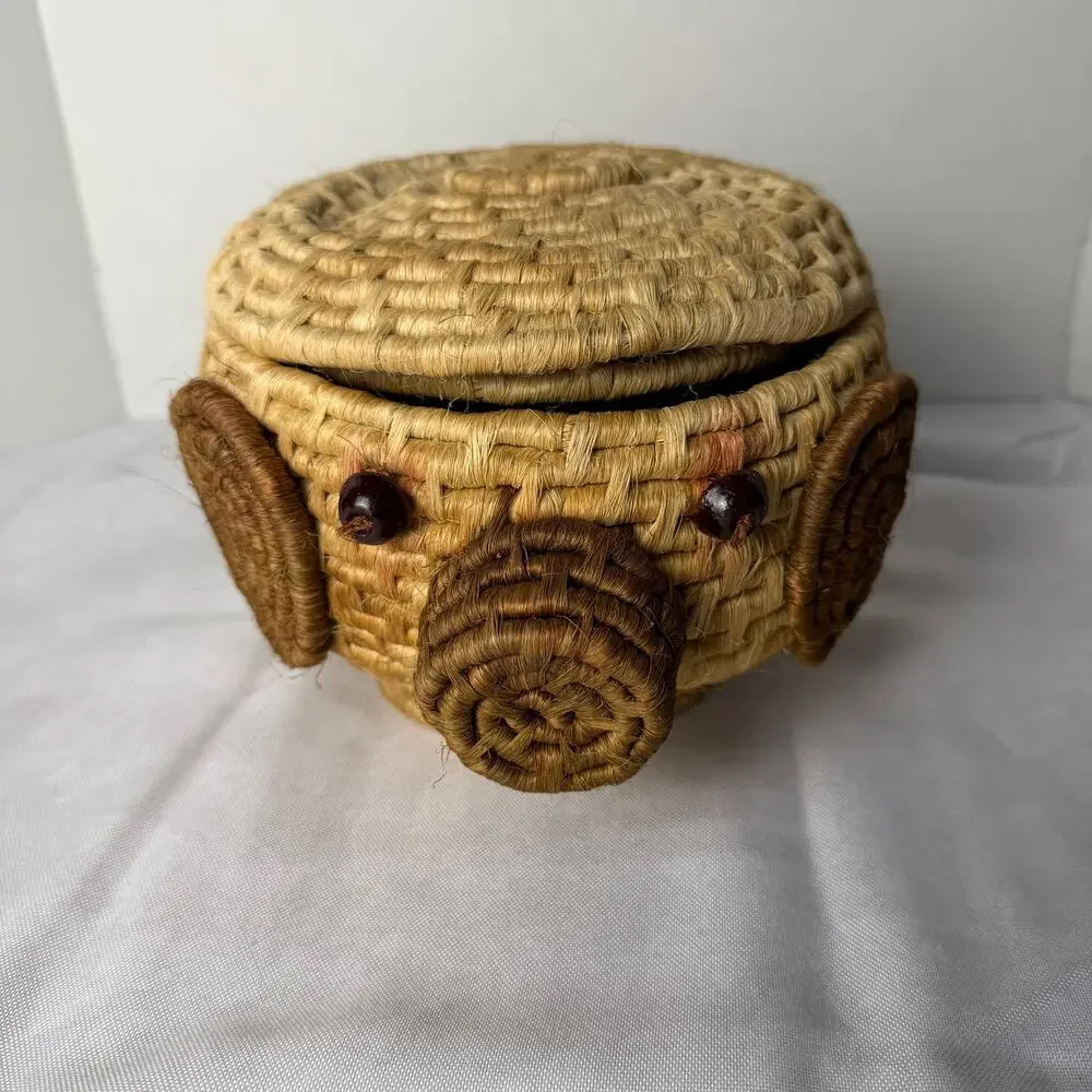 Tohono O'odham Papago Style Coiled Yucca Pig Effigy Basket w Lid Folk Art Animal